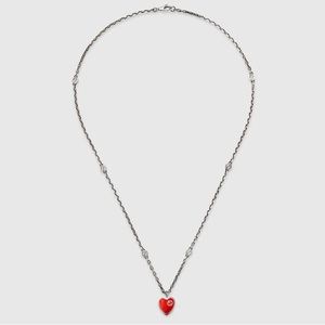 Necklace with Interlocking G enamel heart monogram chain silver red shiny